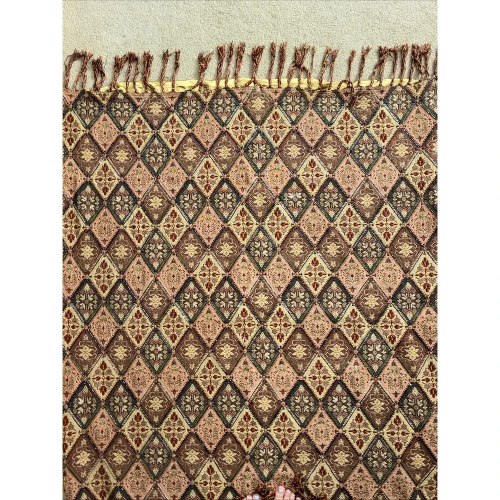 Vtg Pier 1 Tapestry Fringe Throw Blanket Boho Beaded Diamond Moroccan INDIA